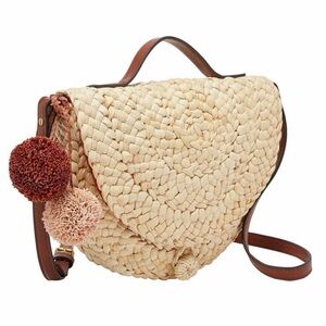 Woven Straw Crossbody Bag with Pom Pom Accent - Natural